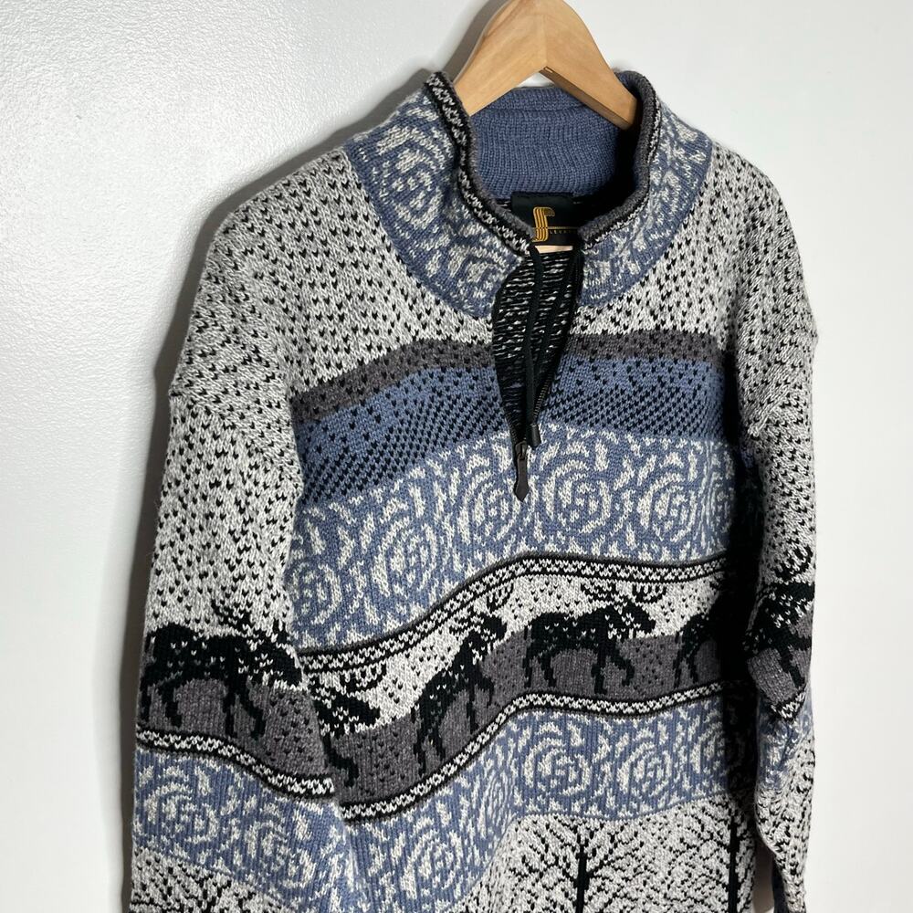 Vintage Levandi Quarter Zip Wool Sweater Mens Medium Blue Moose Fair Isle Cabin - Picture 3 of 10